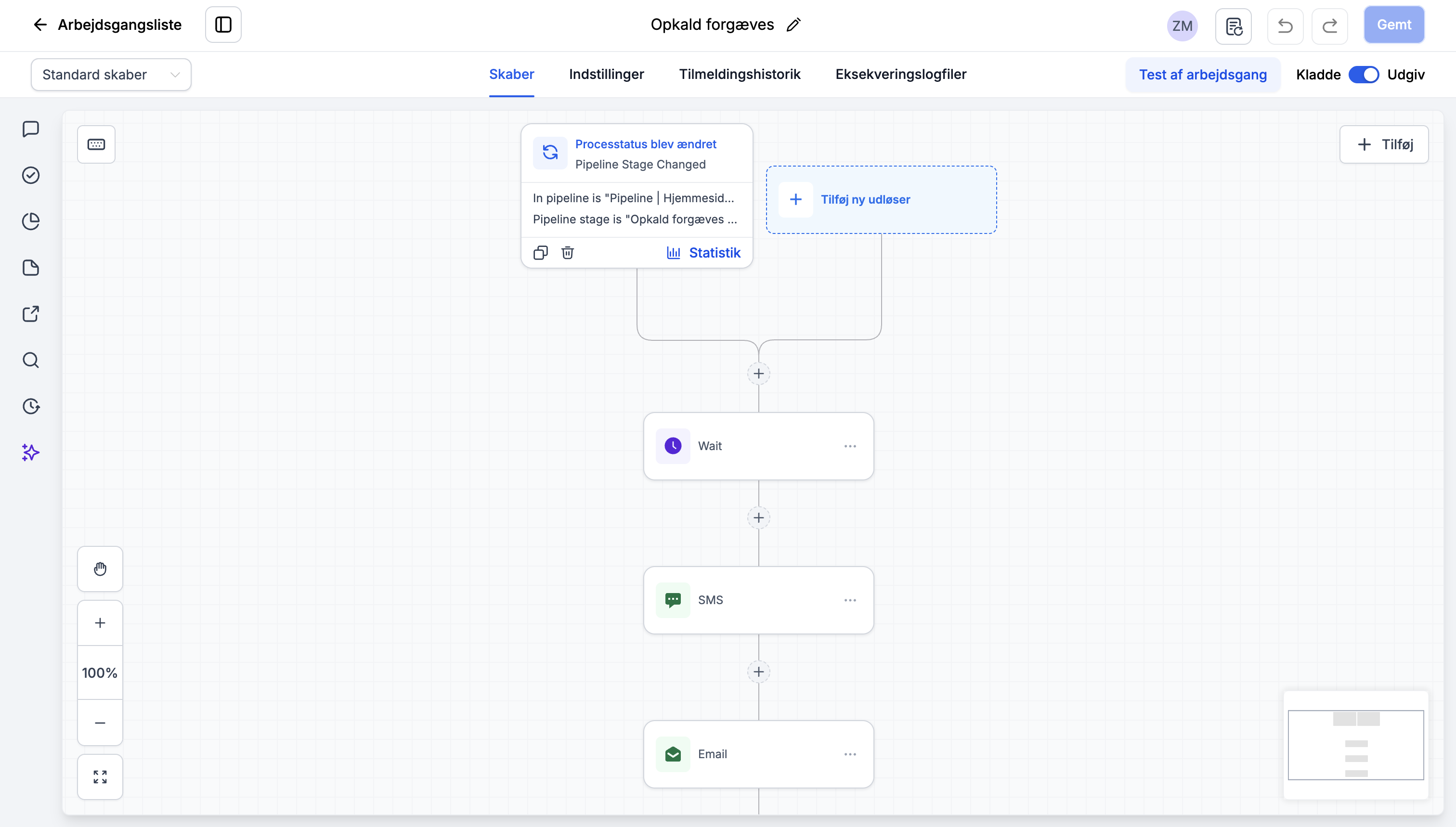 Treflyttefirmaers CRM-workflow med ændring af pipelinestatus, ventetrin, SMS og email